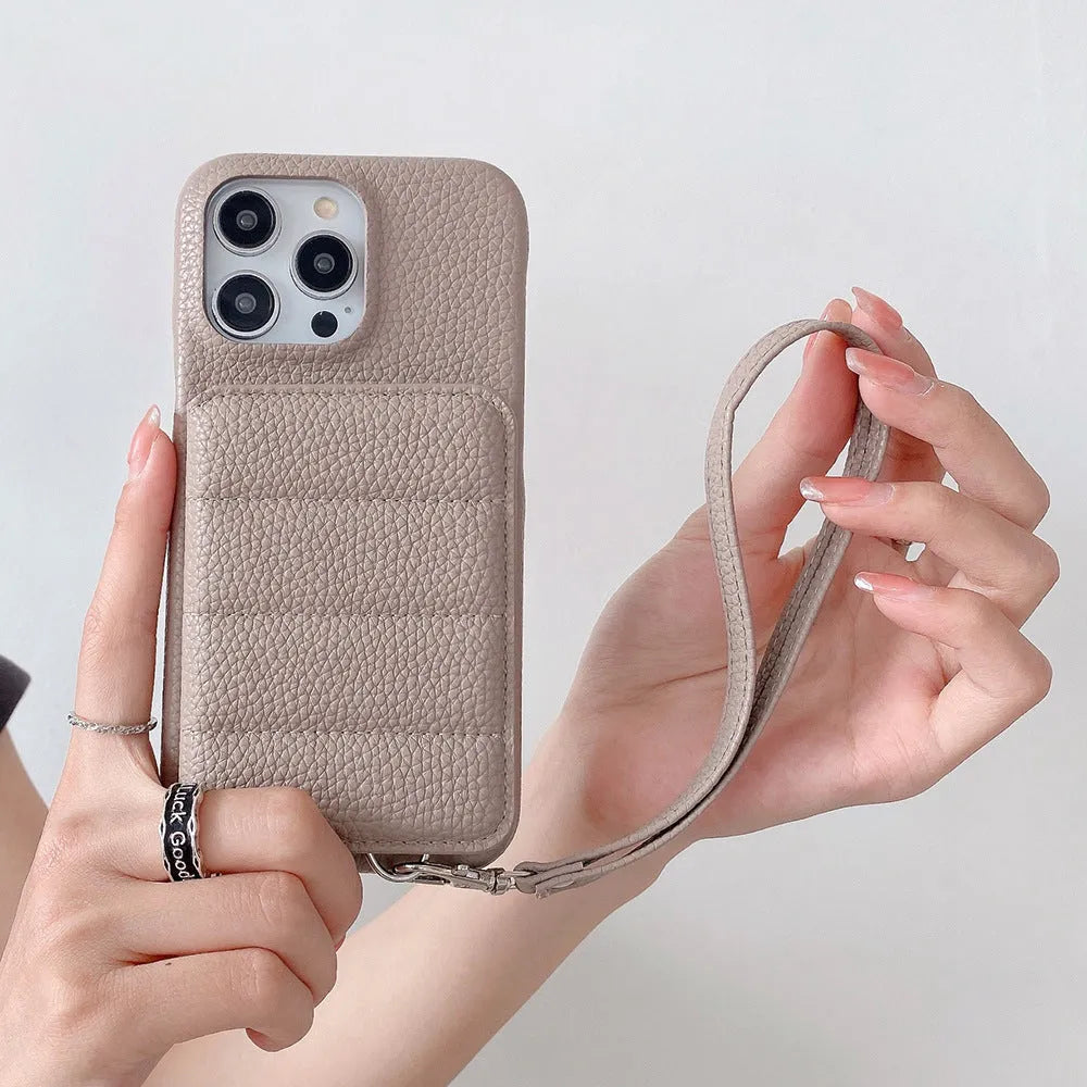 PU leather card holder phone case with lanyard and stand for iPhone 14, 15 and 16 in black, grey, brown, pink, purple, green or white