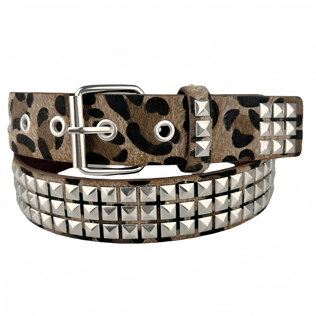 Punk women's belt with metal pyramid rivets in animal print patterns, showing pin buckle fastening