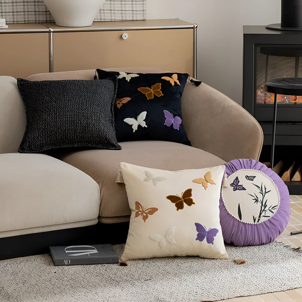 Square beige, black, and purple cushion with Chinese-style butterfly embroidery