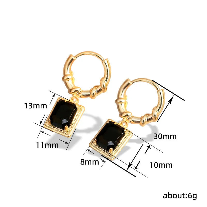Black geometric quadrilateral zircon earrings with French court retro design on copper alloy