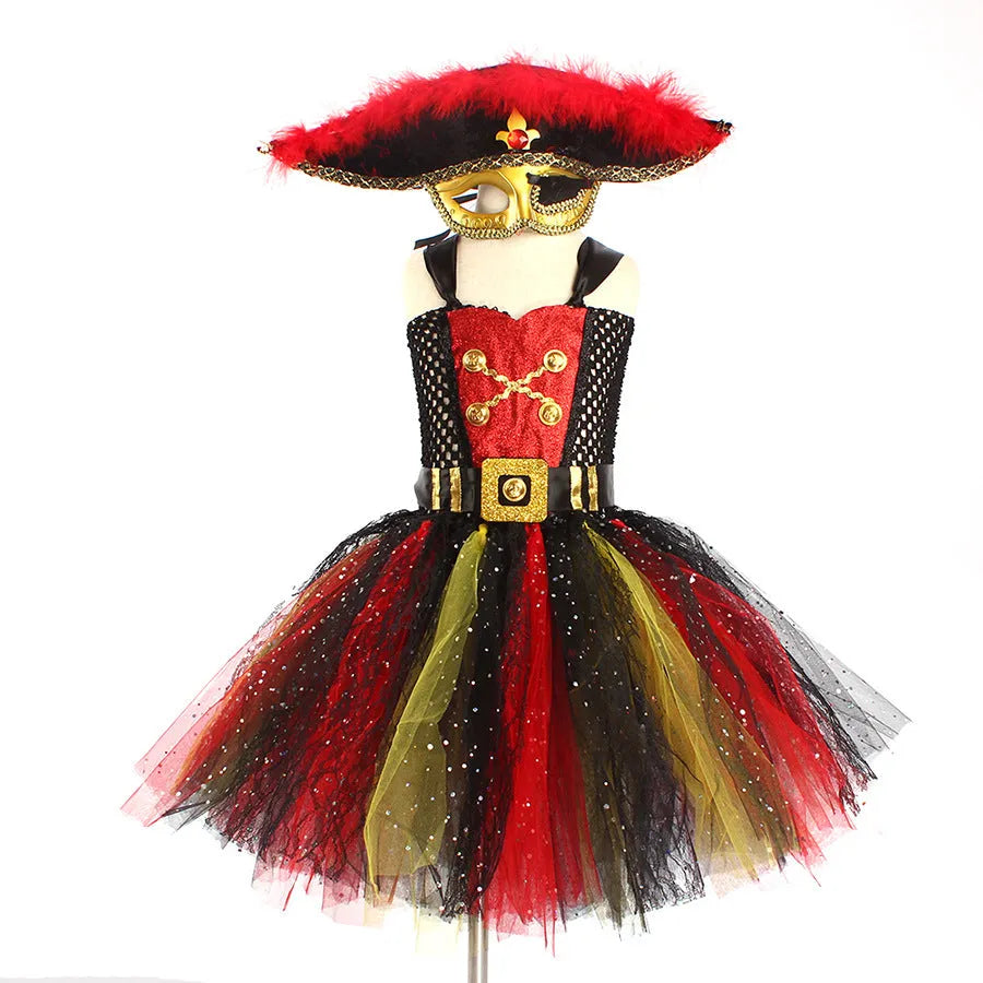 Girls pirate costume Halloween dress with sequins and mesh detailing in pirate skirt design