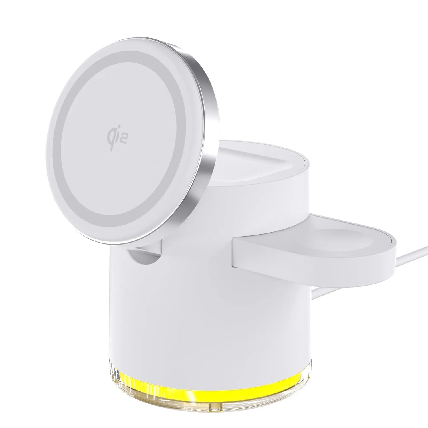 C16 folding three-in-one magnetic wireless charger in black or ivory white, charging a phone, watch and earphones.