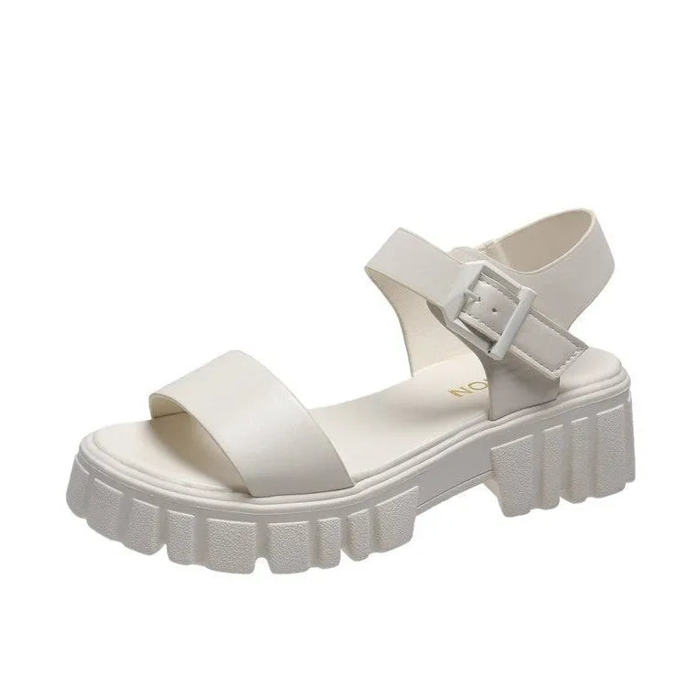 Women's beige platform sandals with ankle-strap buckle and peep toe fish mouth design on neutral background