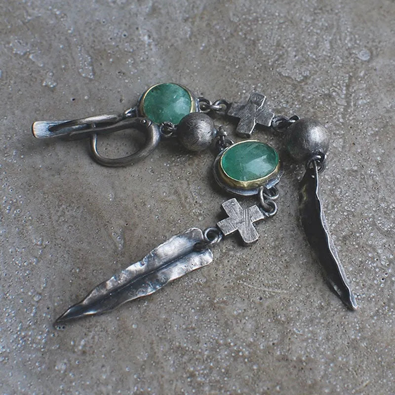 Metal cross feather tassel earrings in picture colour with retro geometric electroplated dangle design