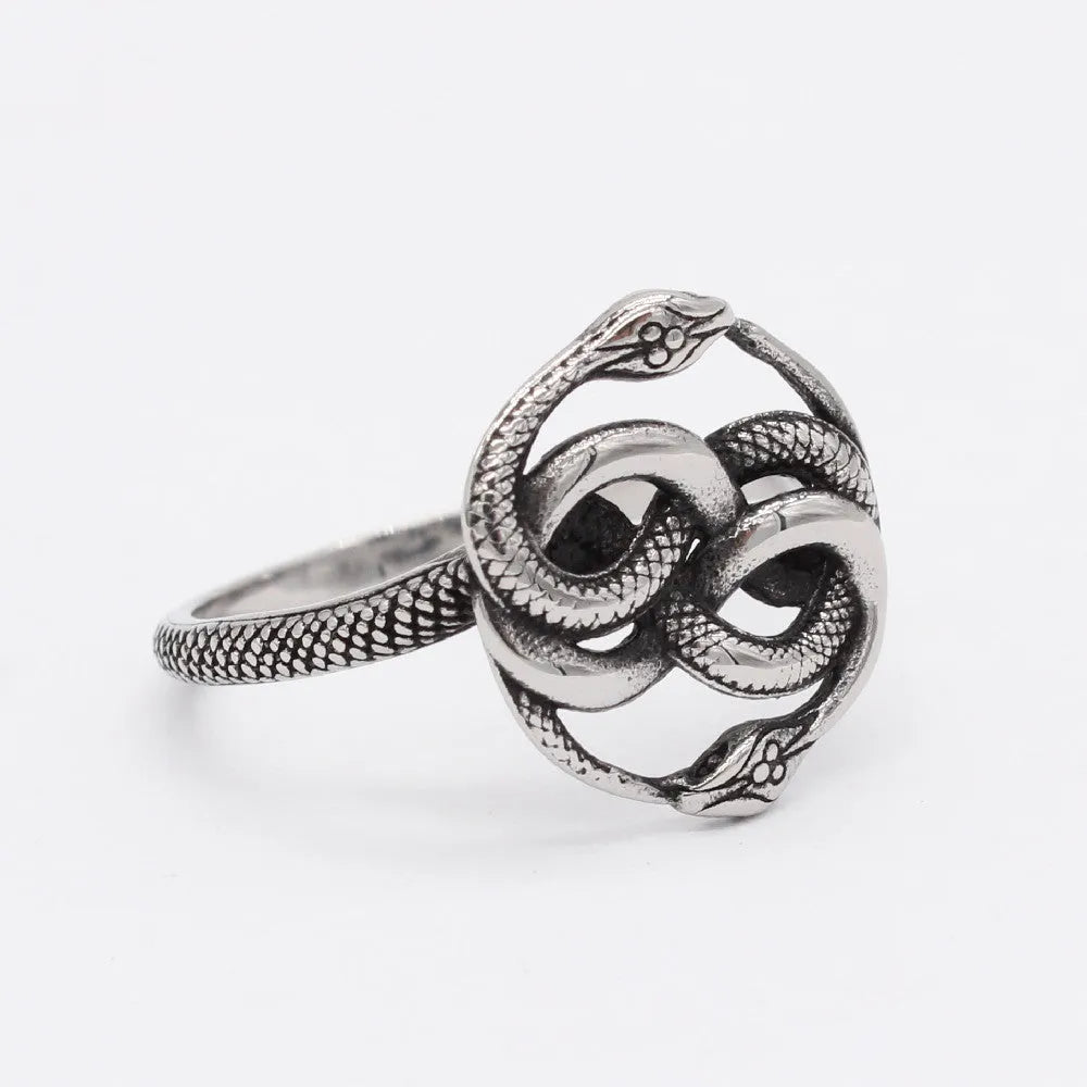 Titanium steel double snake ring with retro styling and cold wind pattern in steel colour