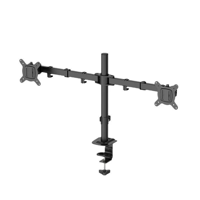 Steel computer monitor lifting rotating bracket arm supporting a screen on a desk