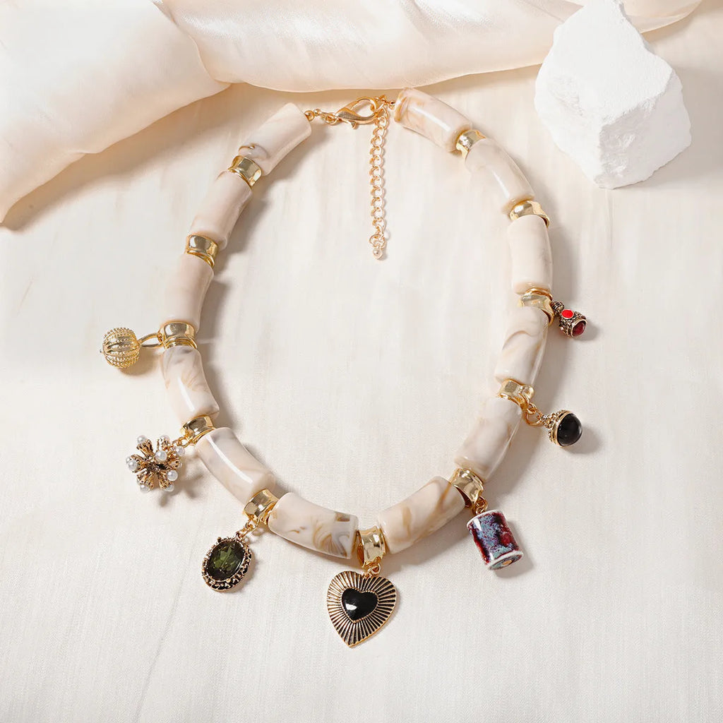 Heart shaped resin bamboo pendant necklace with electroplated finish in picture color for women