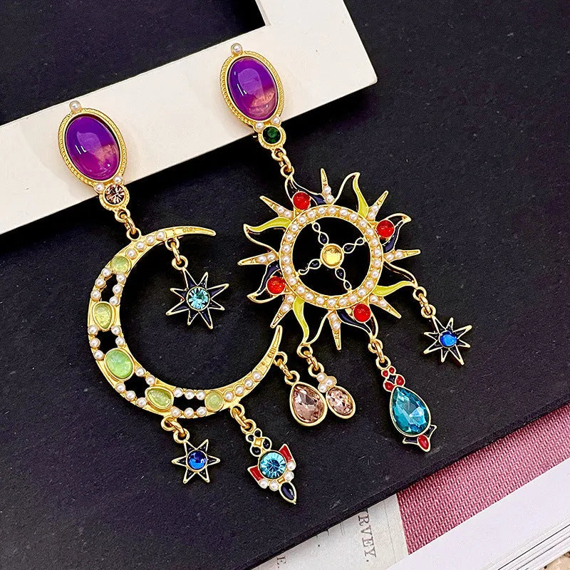 Mid-ancient coloured glaze crystal moon asymmetric earrings diamond-treated star shape Chinese style women