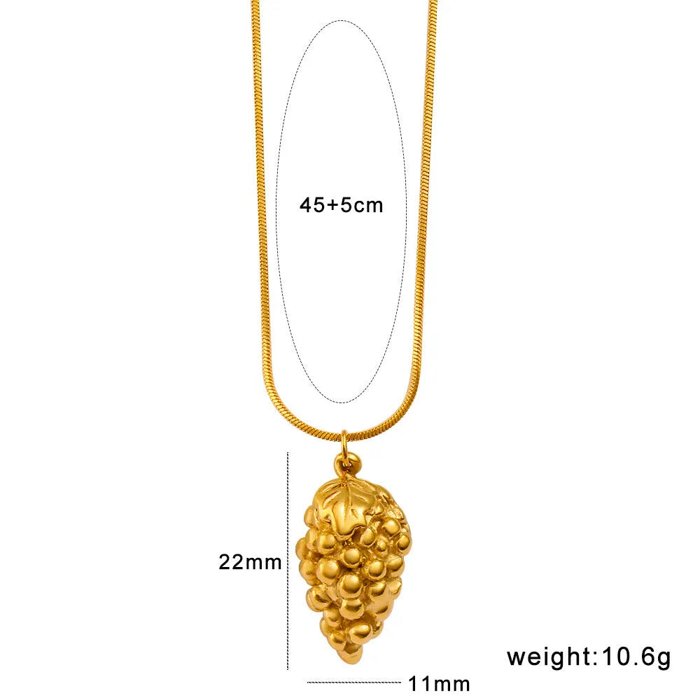 Alloy fruit pendant necklace with apple, grape, watermelon, banana, pineapple, strawberry designs on stainless steel chain.