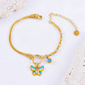 Gold titanium steel necklace and bracelet set with colourful epoxy butterfly pendant on snake bone chain.