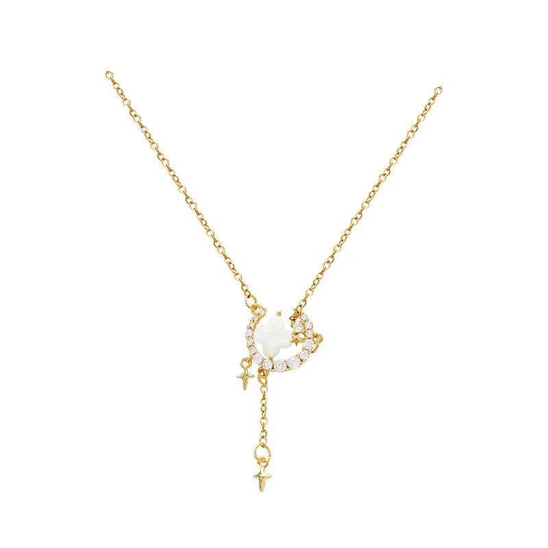 Gold star and moon zirconium necklace on adjustable 41-50cm clavicle chain for women