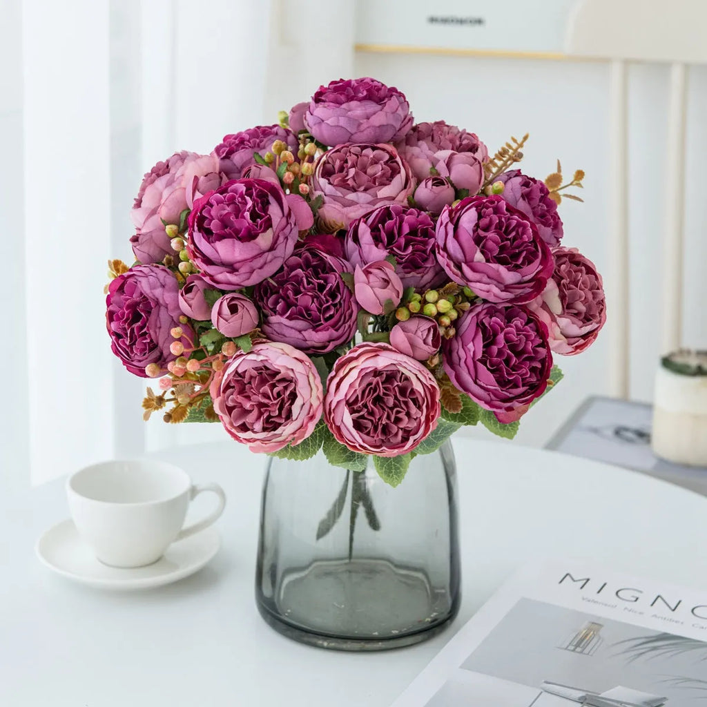 Artificial silk peony flower bouquet in champagne colour for home and wedding decoration
