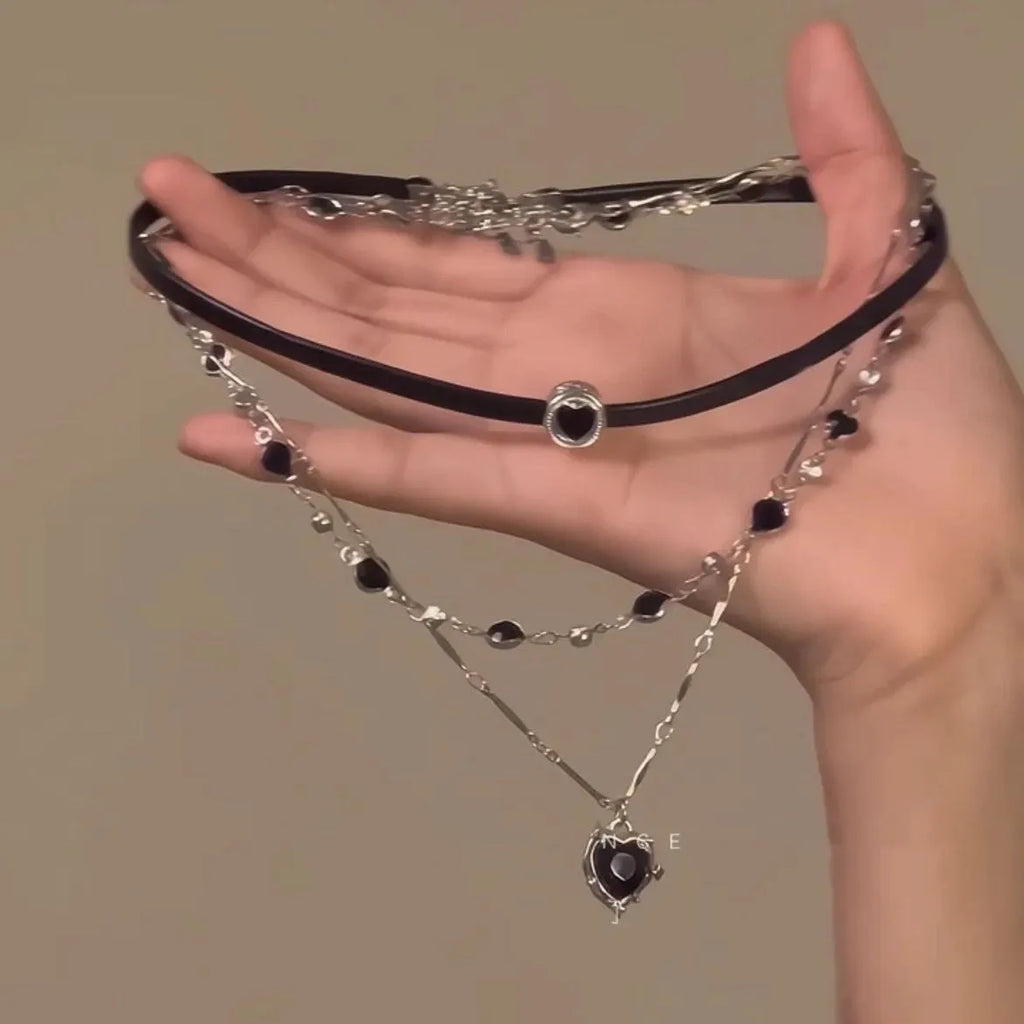 Women's multi-layer twin necklace with leather heart pendant on adjustable clavicle chain