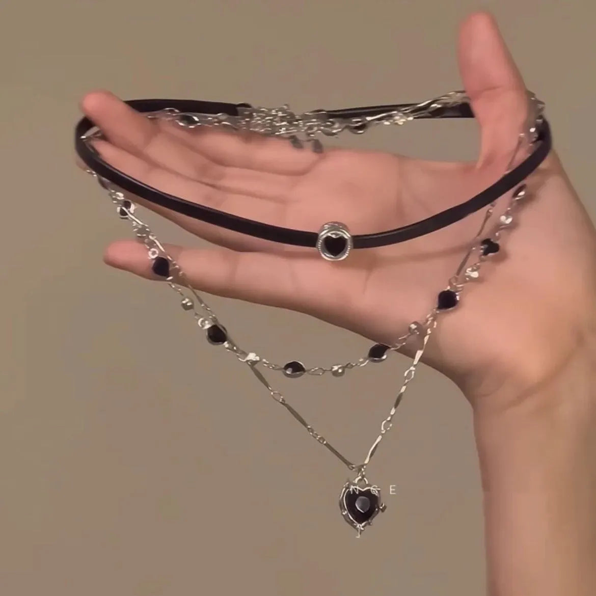 Women's multi-layer twin necklace with leather heart pendant on adjustable clavicle chain