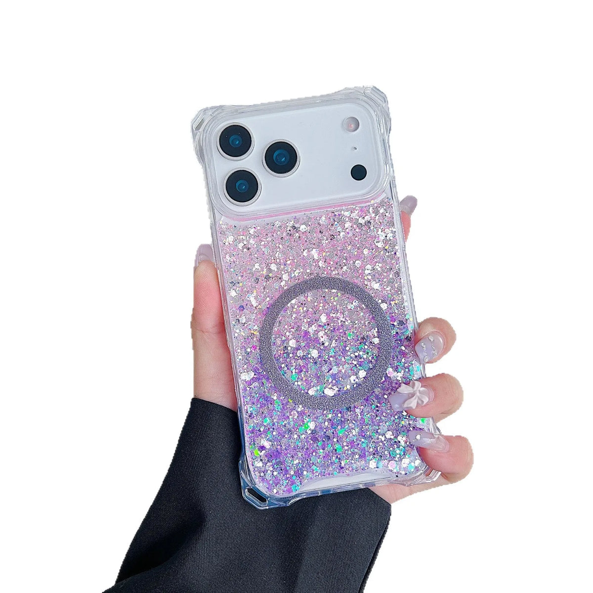 Glitter magnetic TPU phone case for iPhone 16 Pro in yellow pink colour, frosted finish, all-inclusive drop-resistant cover