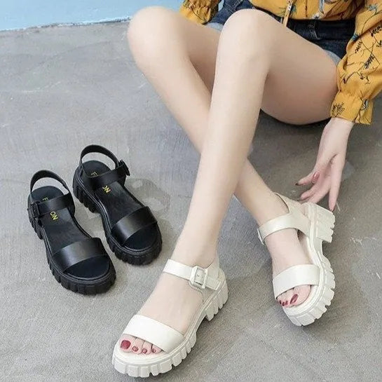 Women's beige platform sandals with ankle-strap buckle and peep toe fish mouth design on neutral background