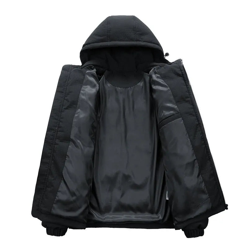 Men's black hooded winter coat with letter-print design and side pockets in Korean style