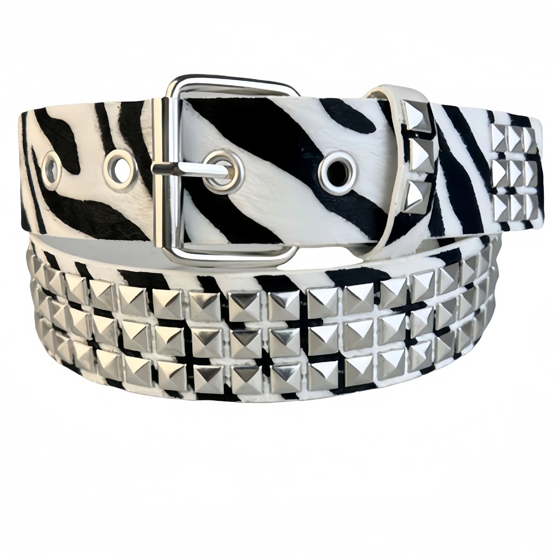 Punk women's belt with metal pyramid rivets in animal print patterns, showing pin buckle fastening
