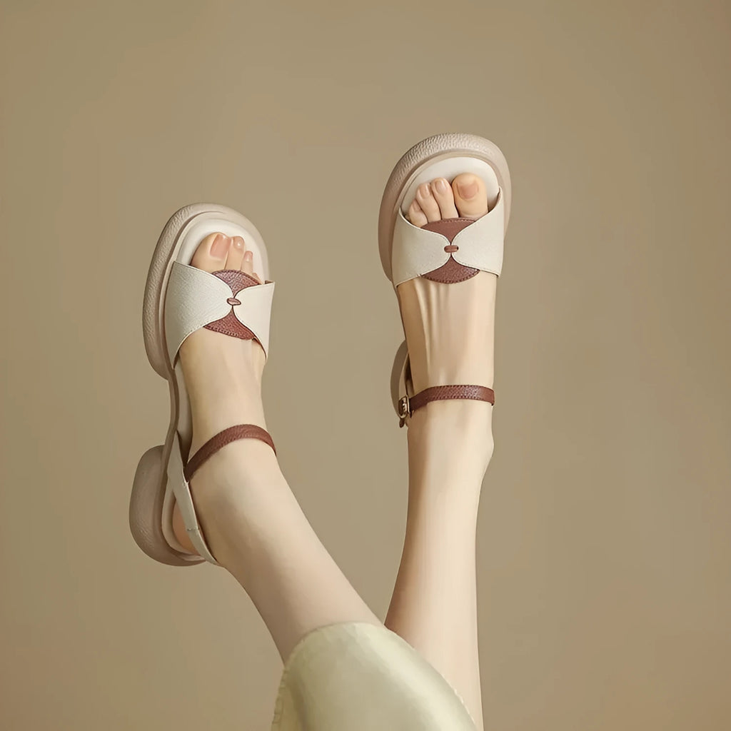 Women's beige platform sandals with chunky heel and open toe design
