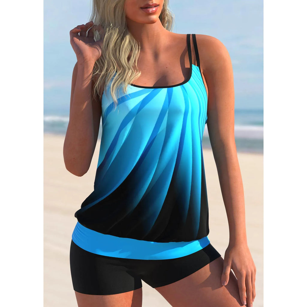 Women's plus size butterfly print swimsuit set with strappy top and matching beach shorts.