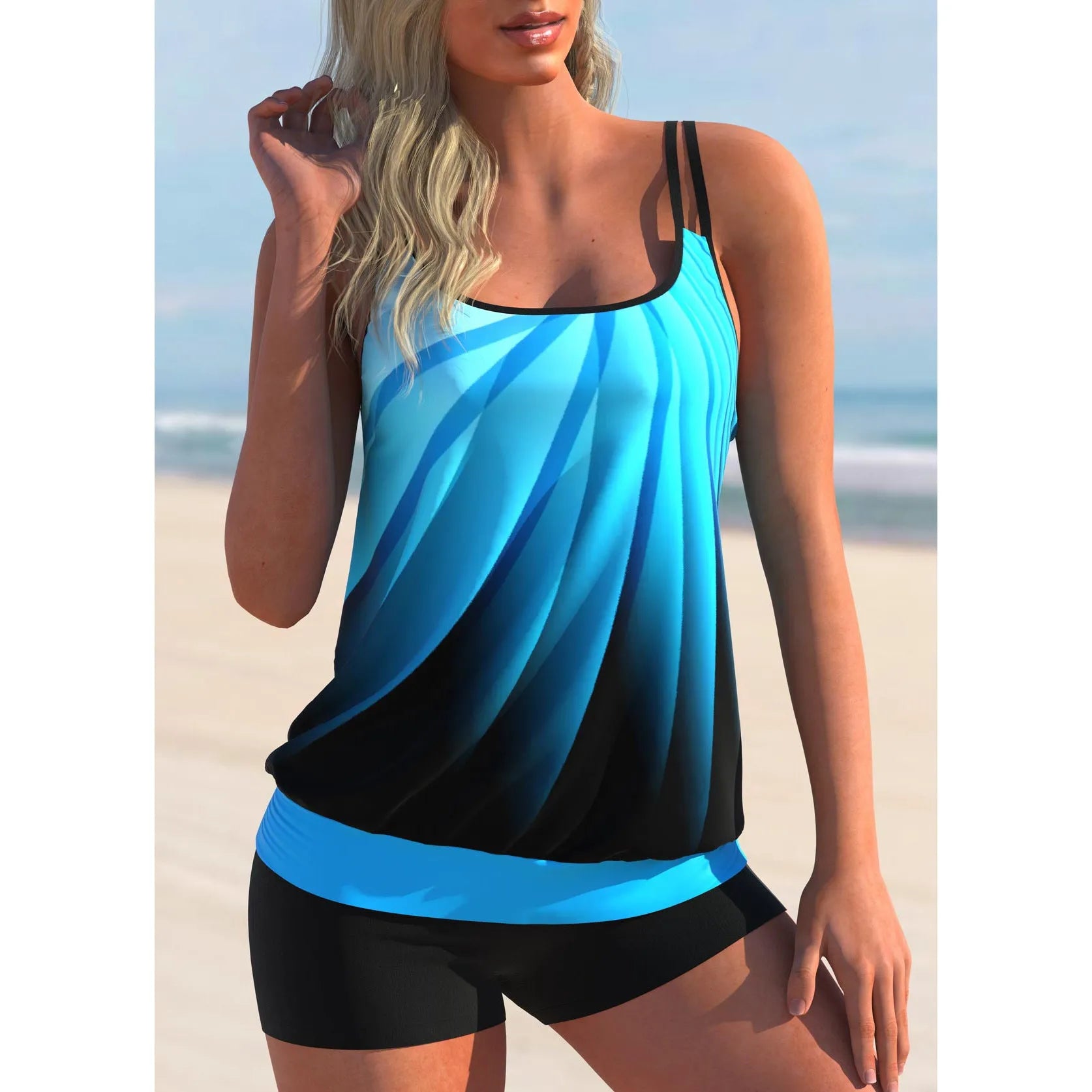 Women's plus size butterfly print swimsuit set with strappy top and matching beach shorts.