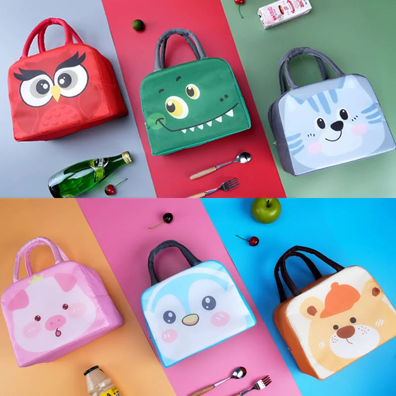 Cartoon children's insulated lunch box bag in choice of seven animal designs like orange bear and green dinosaur.