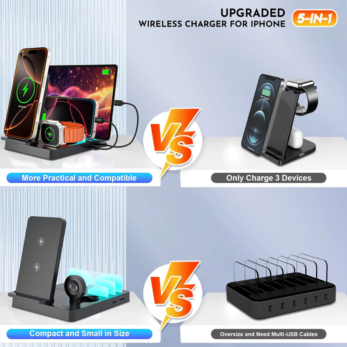New five-in-one desktop multi-function magnetic charger in black with plastic and alloy construction