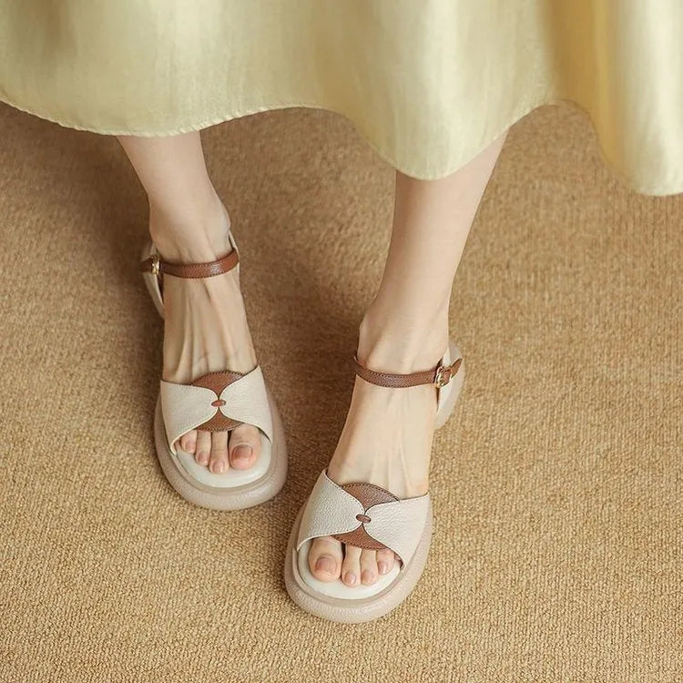 Women's beige platform sandals with chunky heel and open toe design