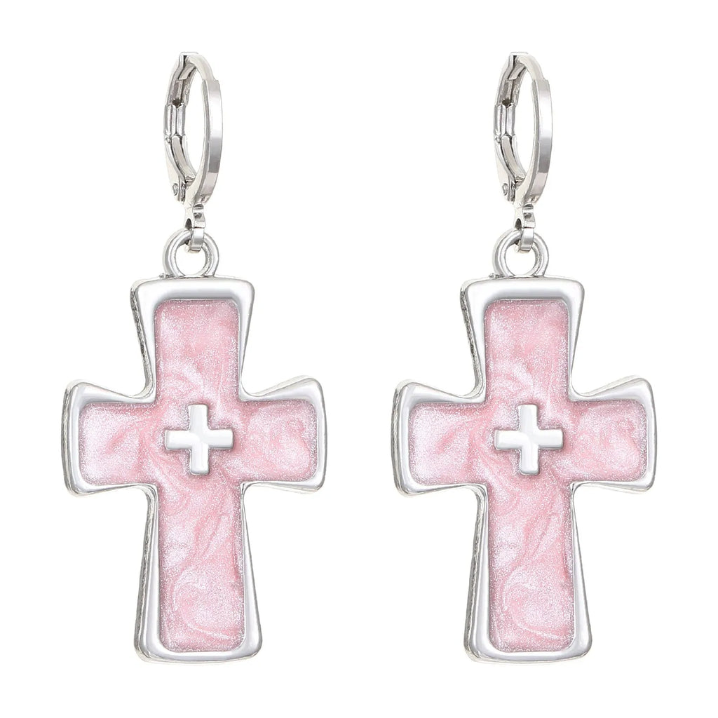 Women's alloy cross crystal earrings in five colour options including white cross and bright black cat designs