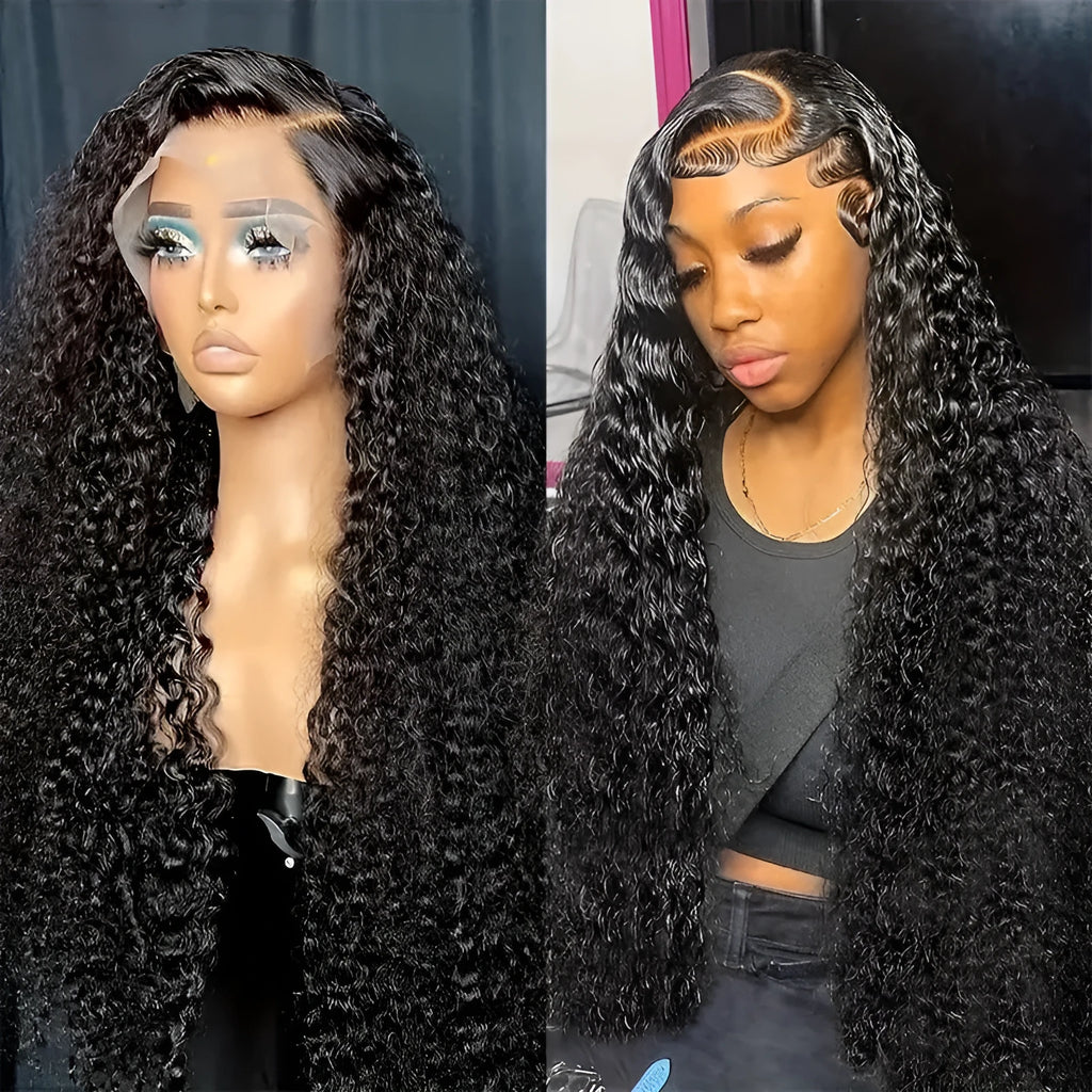Black long curly lace afro wig on a stand showing wound tube construction.