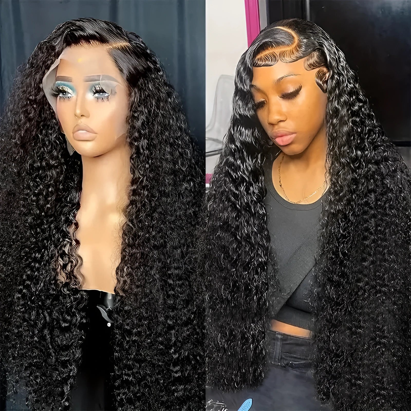 Black long curly lace afro wig on a stand showing wound tube construction.