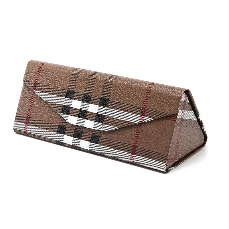 Handmade triangular folding glasses case in PU cowhide, shown in black colour, sized 160mm by 66mm.