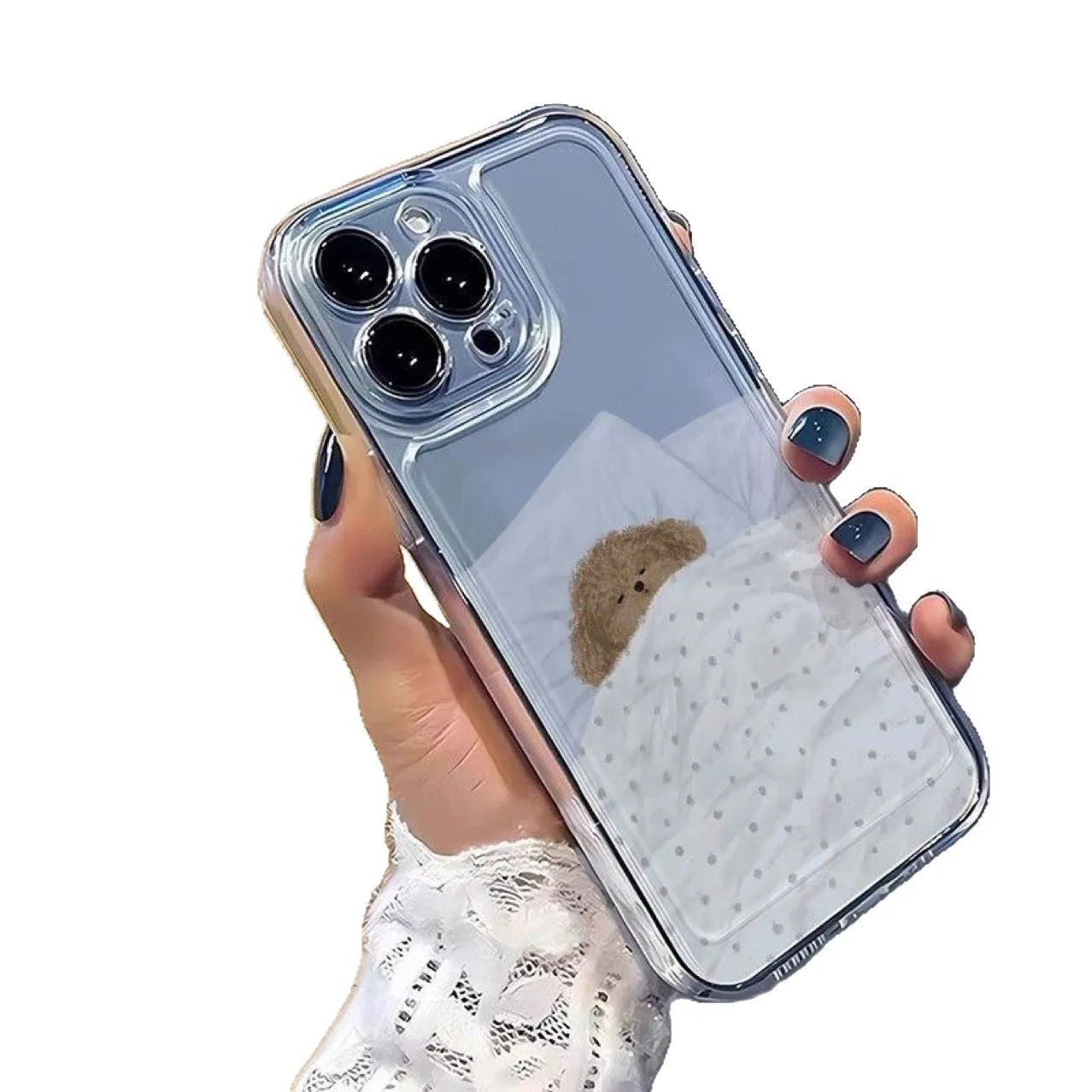 Transparent Apple iPhone case with sleeping cat design showing shockproof TPU construction