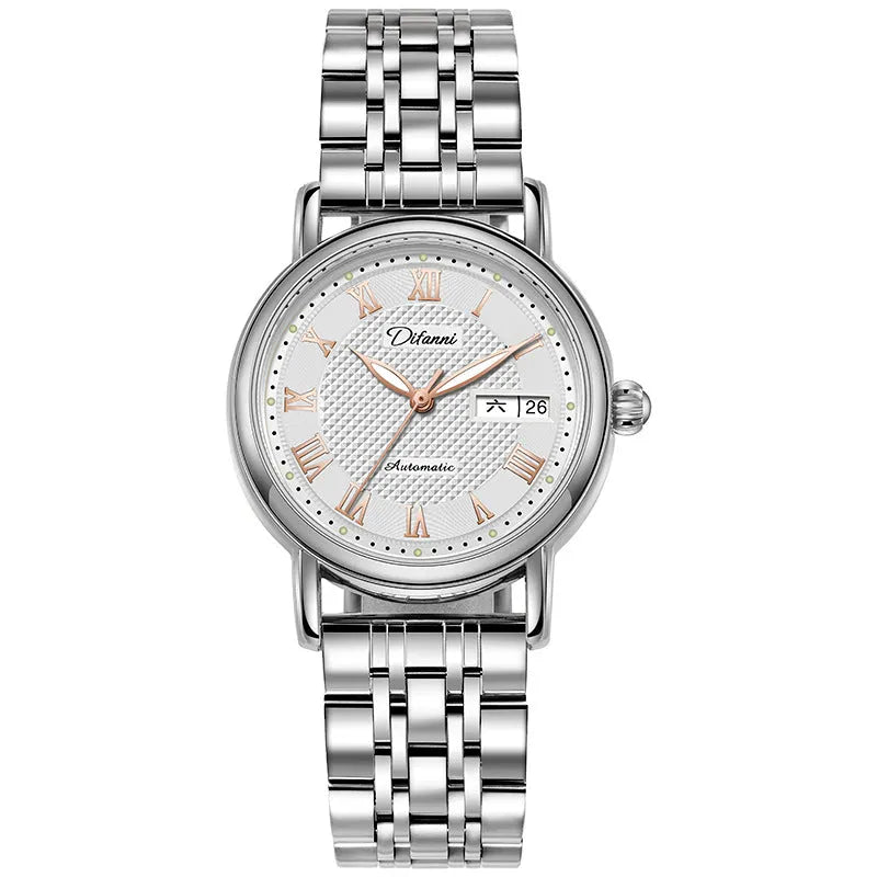 Women's fashion automatic mechanical watch with steel or leather strap options in multiple colours