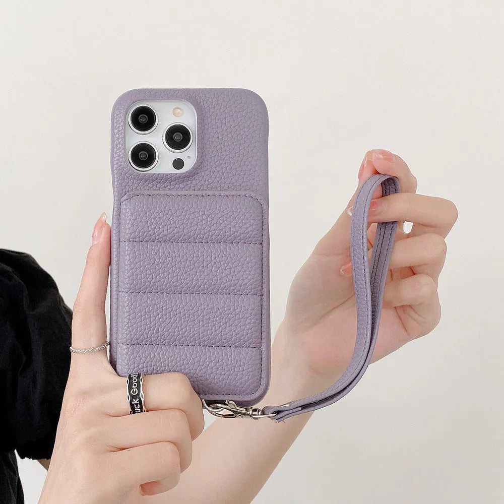 PU leather card holder phone case with lanyard and stand for iPhone 14, 15 and 16 in black, grey, brown, pink, purple, green or white
