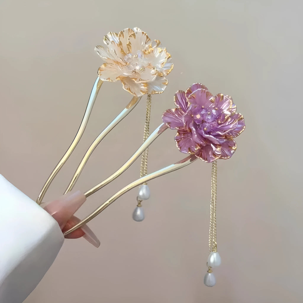 Purple and white alloy peony U-shaped hairpin with retro pastoral styling