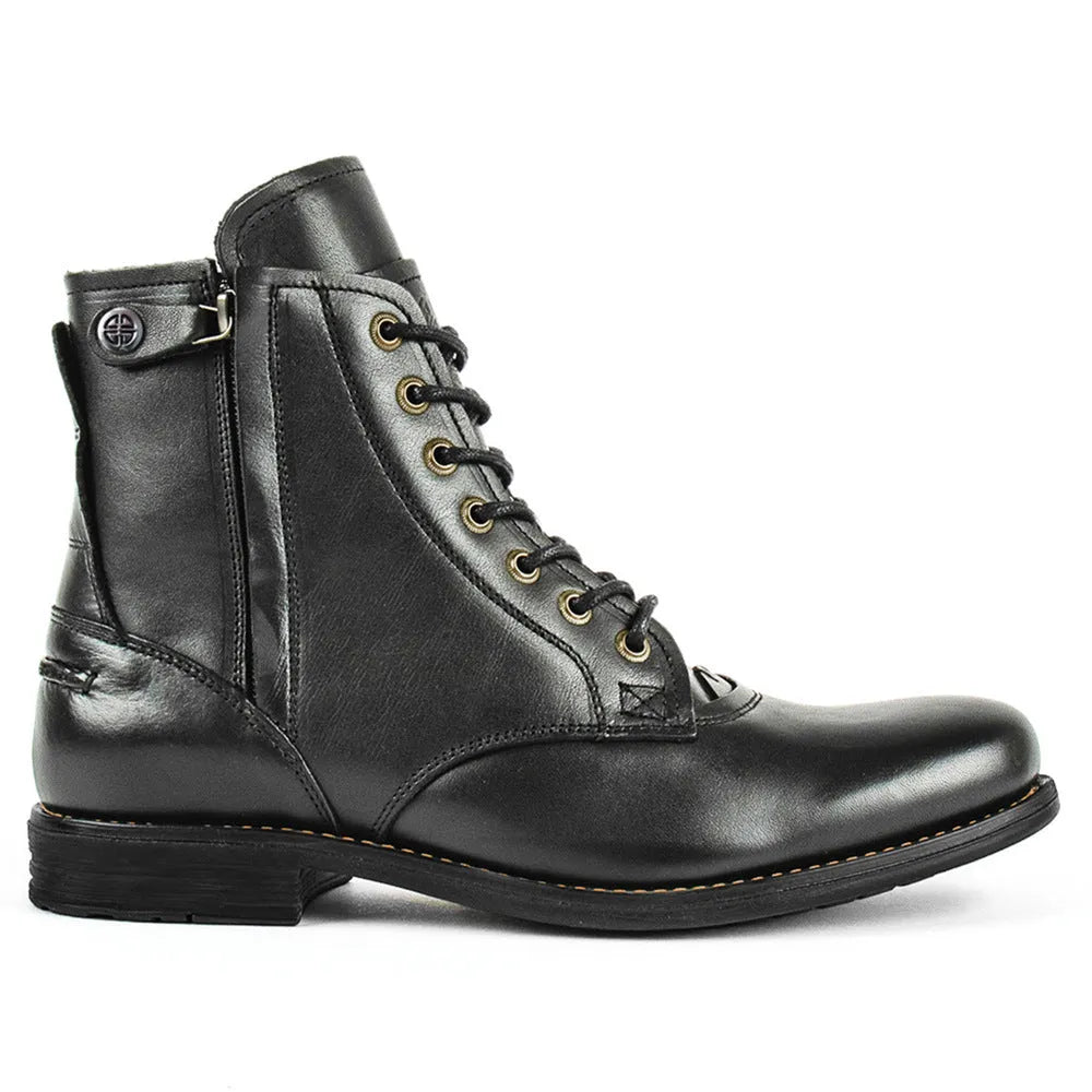 Knight Series black and brown two-tone leather boots with side zipper detail