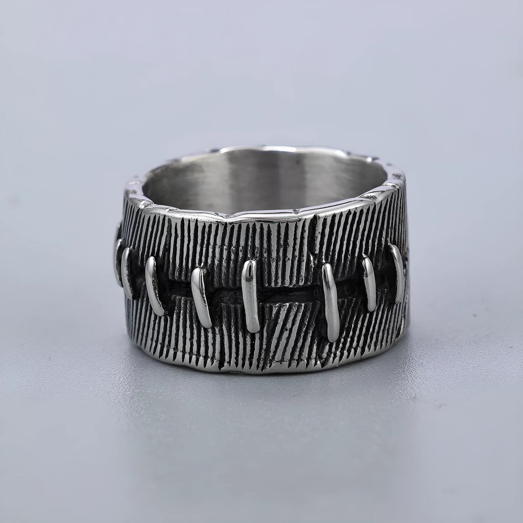 Dark punk stitched titanium steel ring with double U-shaped geometric design in retro colour