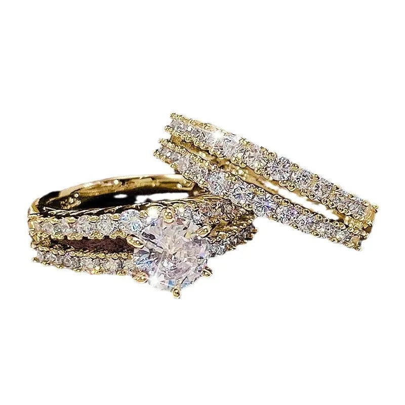 Geometric 2 in 1 fully-jewelled female ring set in silver, gold, and rose gold colour options.
