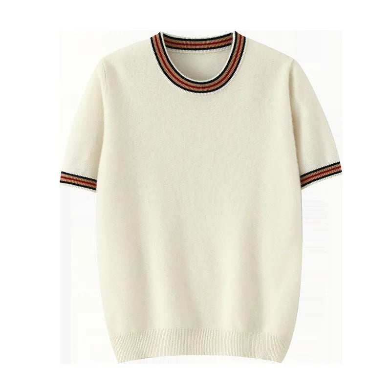 Men's round neck short sleeve pure wool sweater in grey on hanger