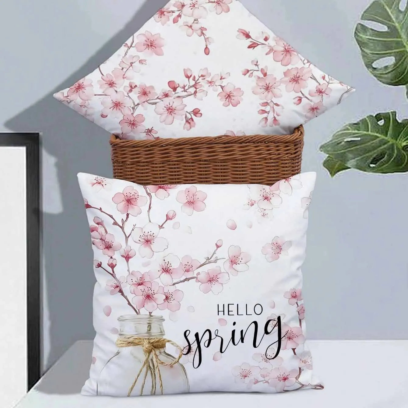 45cm square short velvet cushion cover with a spring cherry blossom letter design