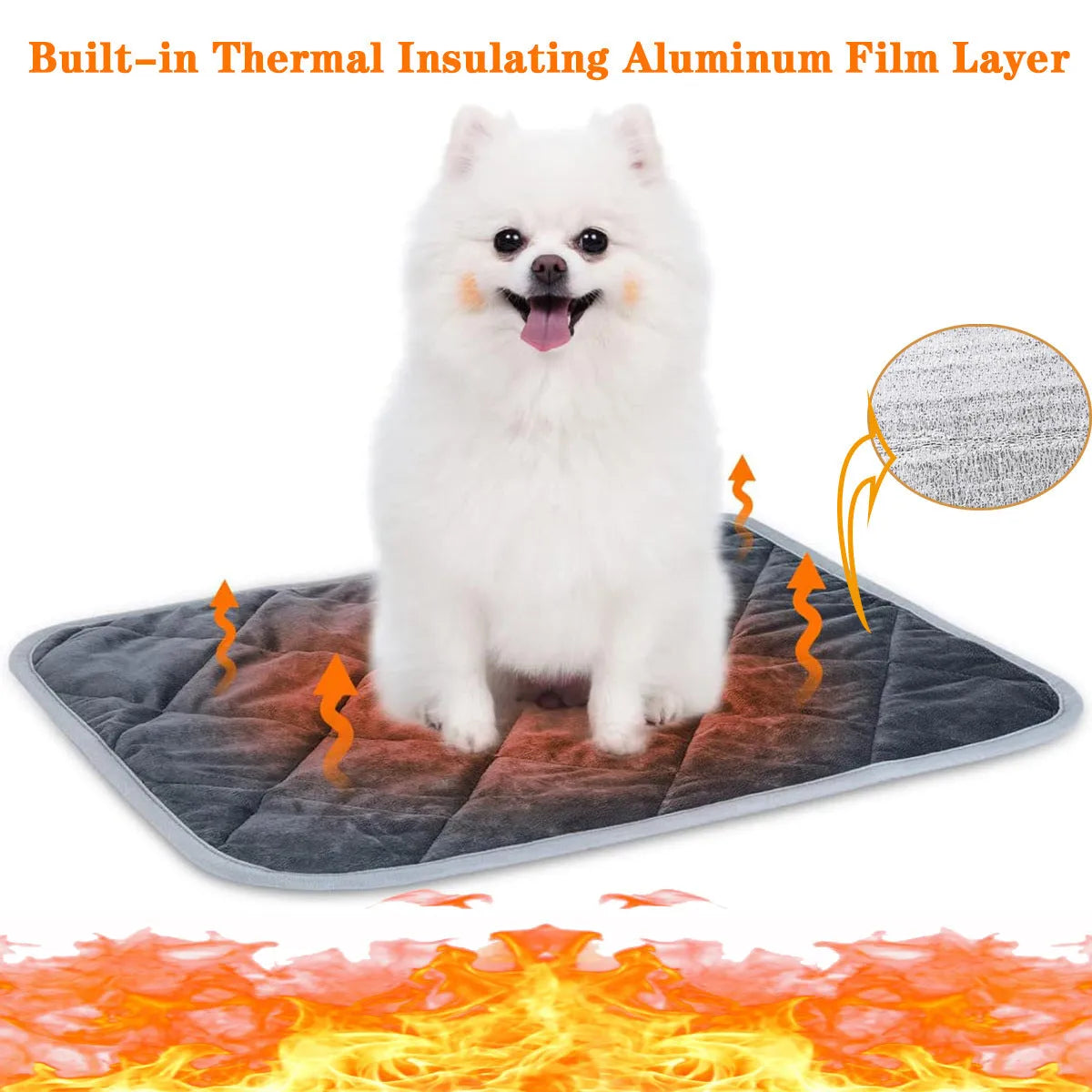 Grey soft fabric multi-layer pet cushion for dogs and cats, shown with size options.