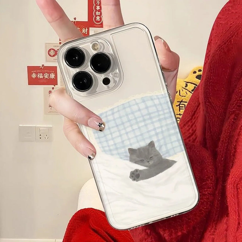 Transparent Apple iPhone case with sleeping cat design showing shockproof TPU construction