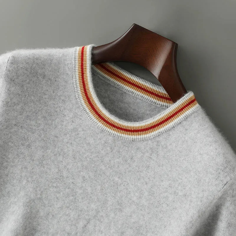 Men's round neck short sleeve pure wool sweater in grey on hanger