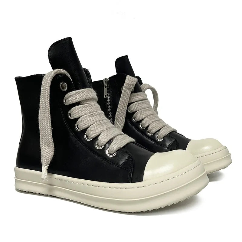 Black high-top leather sneakers with a side zipper and round toe on a rubber sole.