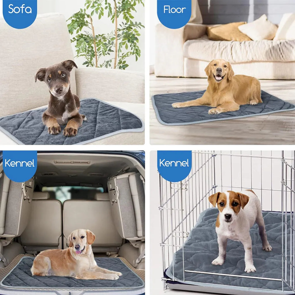 Grey soft fabric multi-layer pet cushion for dogs and cats, shown with size options.