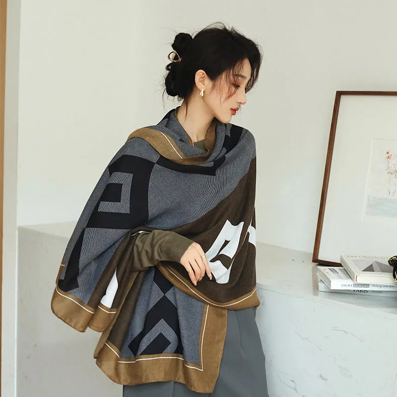 A woman's elegant polyester shawl scarf in a mid-length style, dimensions 180cm by 90cm.