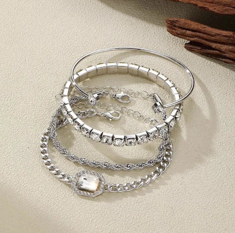 Women's geometric retro alloy bracelet set with square diamond patterns in gold or silver four-piece collection