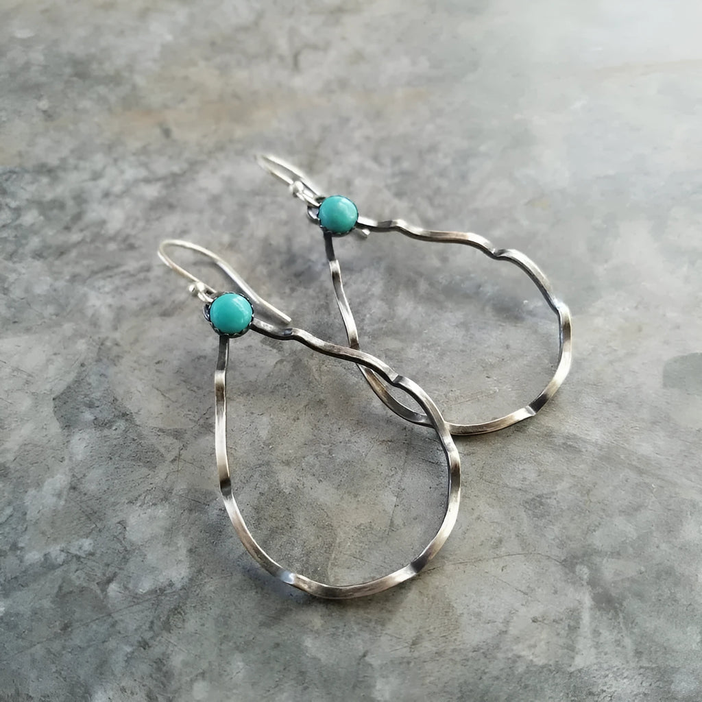 Antique silver bohemian earrings with turquoise circle geometric design
