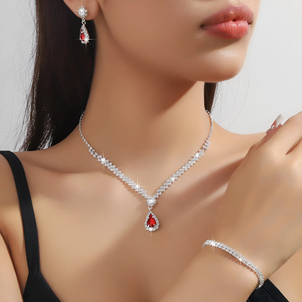 Women's claw chain necklace and earrings set with drop-shaped rhinestone pendants